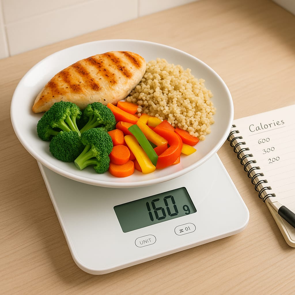 balanced high-protein meal on a kitchen scale for calorie deficit planning