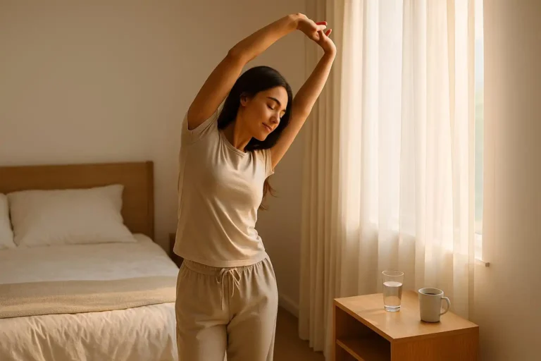 Fit woman stretching in warm morning sunlight near a large window, symbolizing healthy morning habits that boost metabolism.