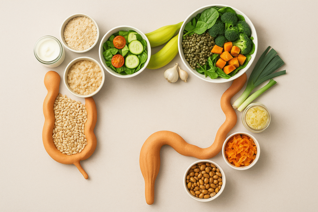 Gut health and weight loss concept: colon shape made from yogurt, oats, greens, beans and fermented foods.