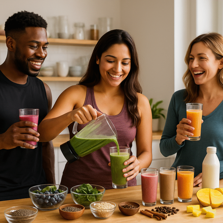 Fat-burning smoothie recipes in a bright kitchen: three friends making high-protein, high-fiber smoothies.