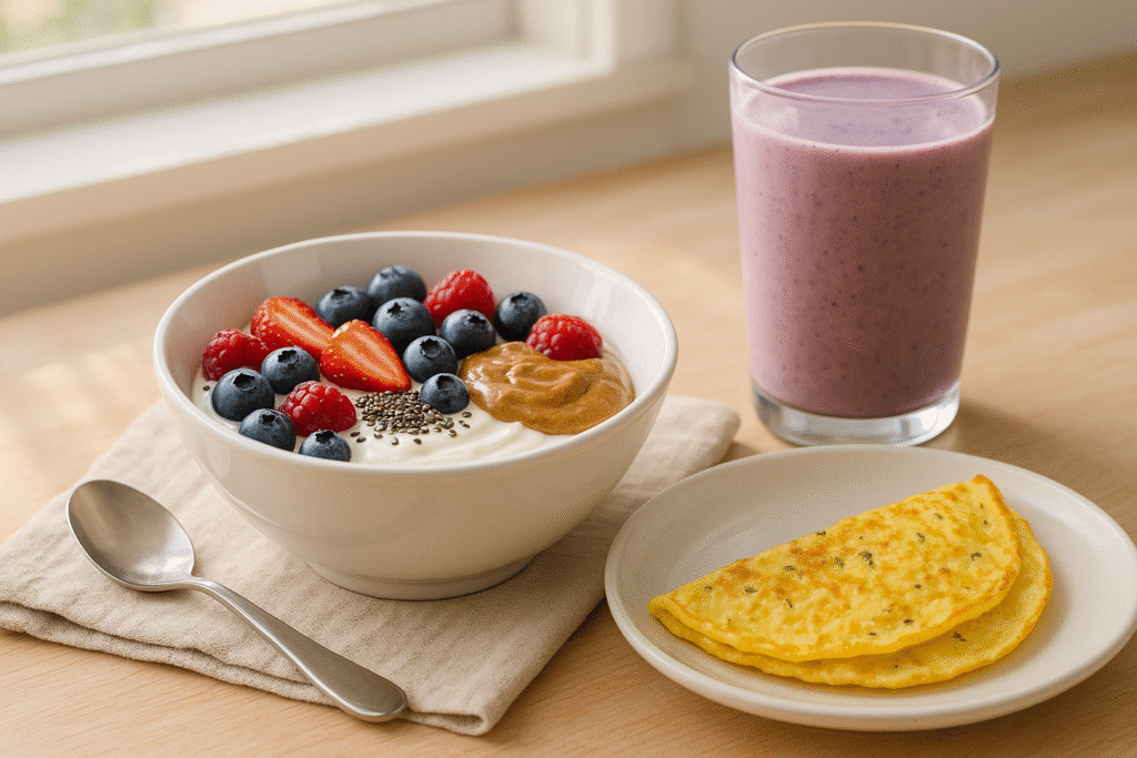 High-protein breakfasts for weight loss Greek yogurt and omelet breakfast spread.