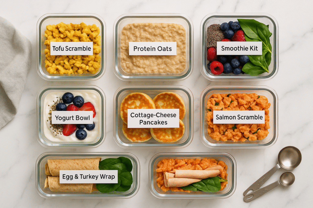 meal-prep containers showing high-protein breakfasts for weight loss for seven days