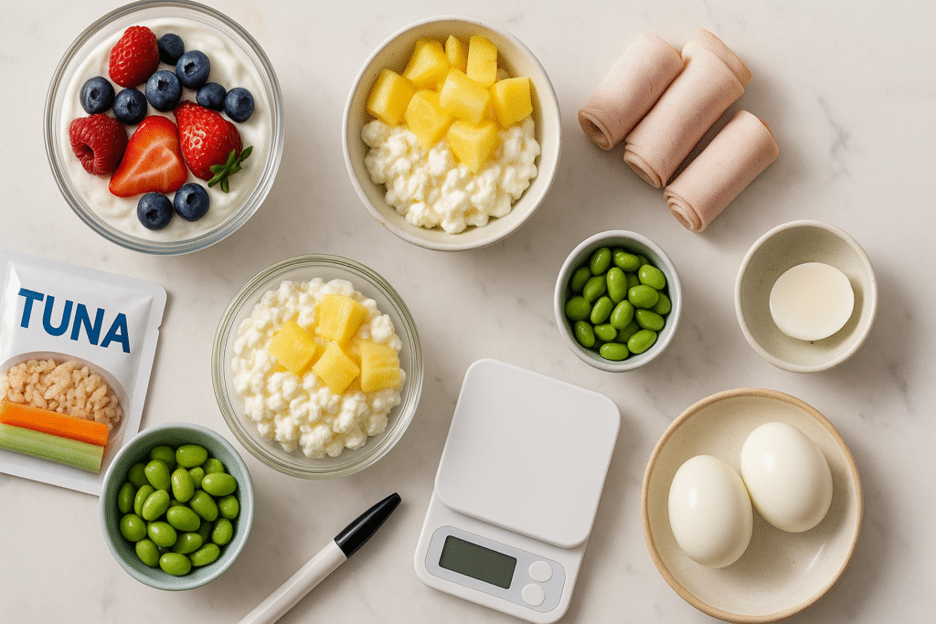 high-protein snacks for weight loss flat-lay on a marble counter