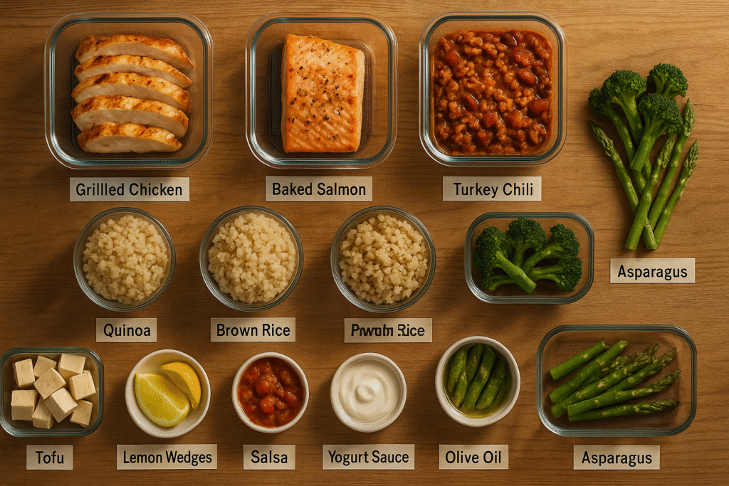 Meal-prep grid for 500 calorie dinners high protein