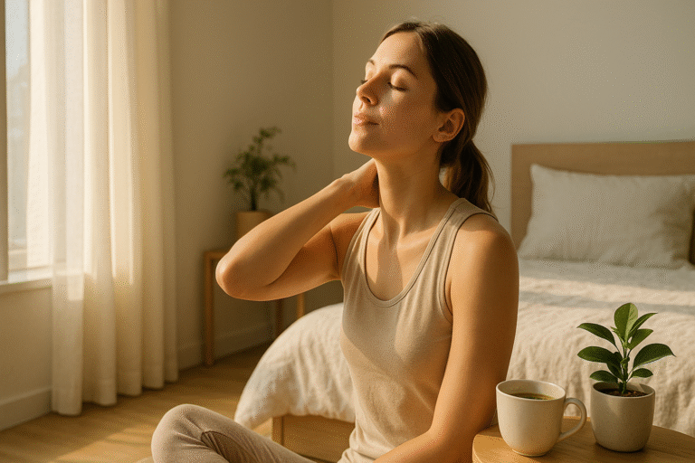 Calm woman in morning light practicing relaxation to show how stress hormones affect weight loss.
